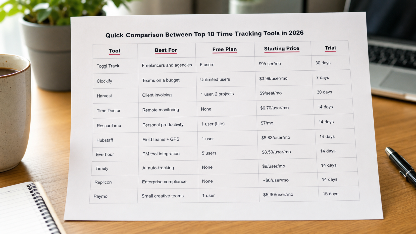 Time tracking tools comparison table